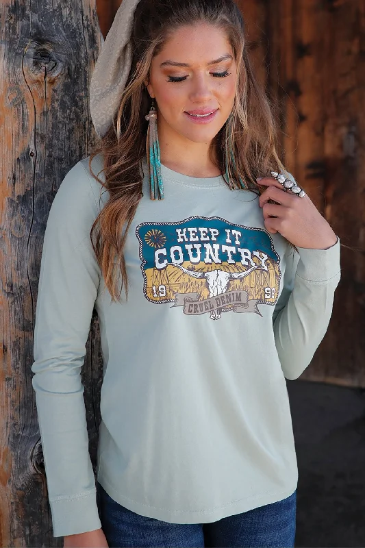 Women's Long Sleeve Keep It Country Tee - Green - (CTK7459005)