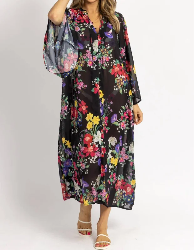 Multifloral Tie Neck Coverup Maxi In Black