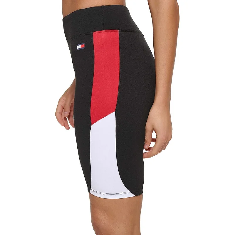 Tommy Hilfiger Women's Stretch Color Block Active Wear High Waist Shorts Black Size Small